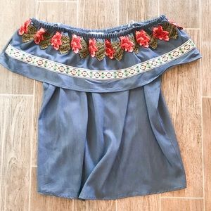 Off The Shoulder Chambray Appliqué Top